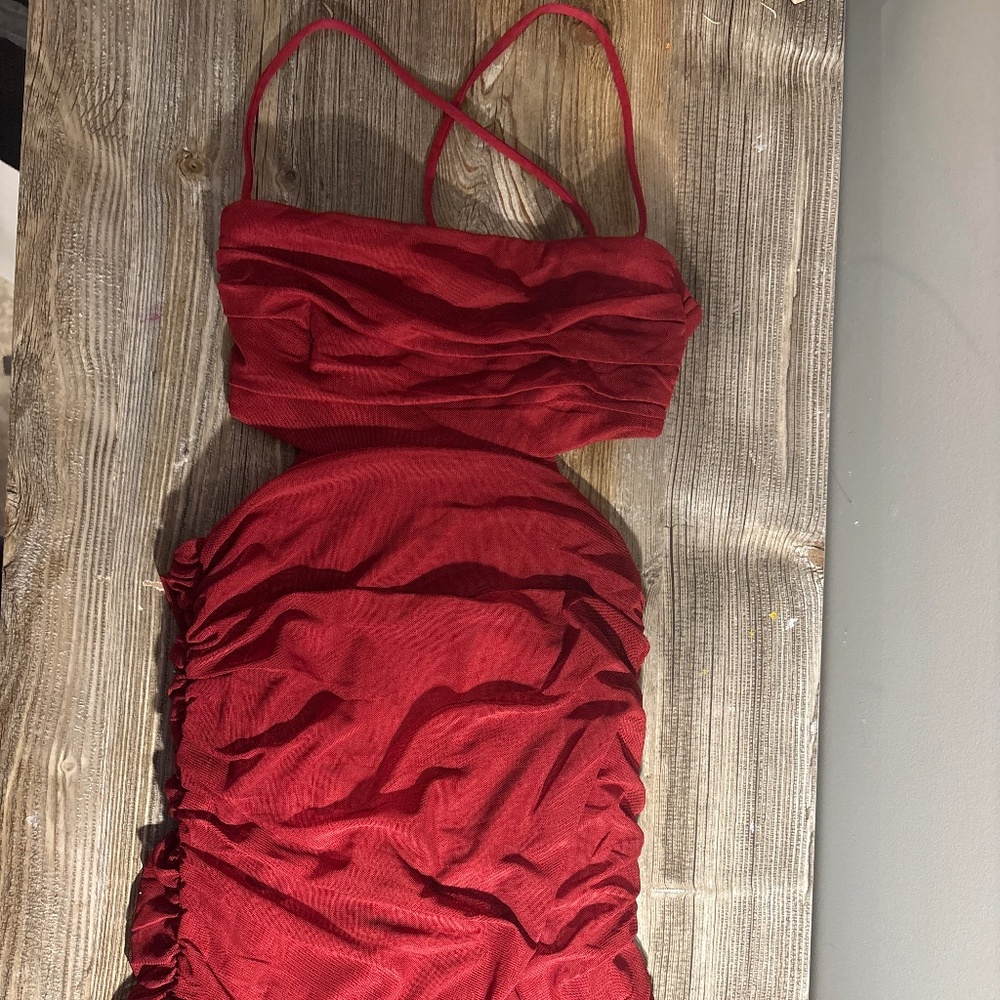 Red formal dress.